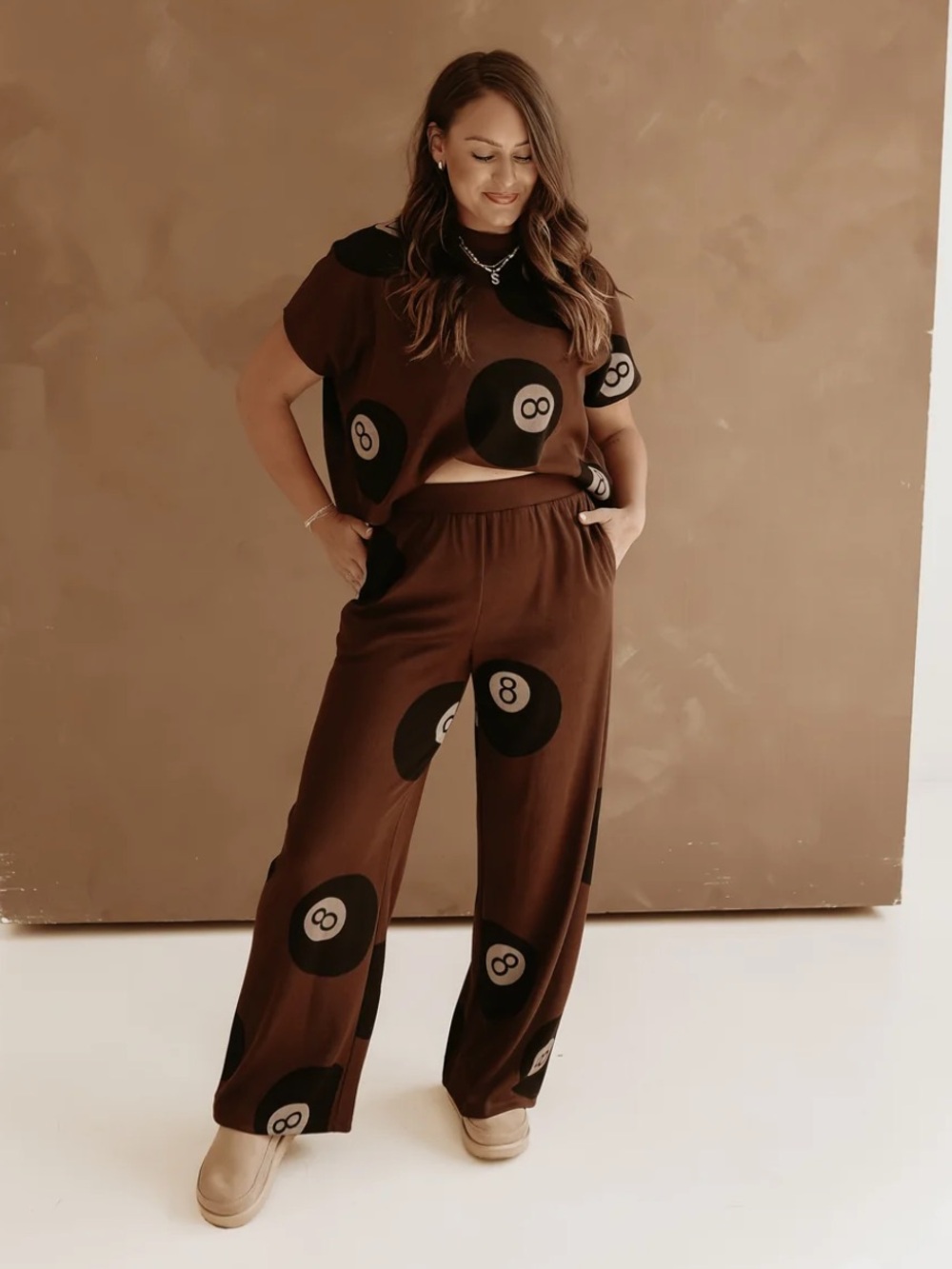 Bourbon & Belles Wide Leg Brown 8-Ball Print Lounge Pants - Women
